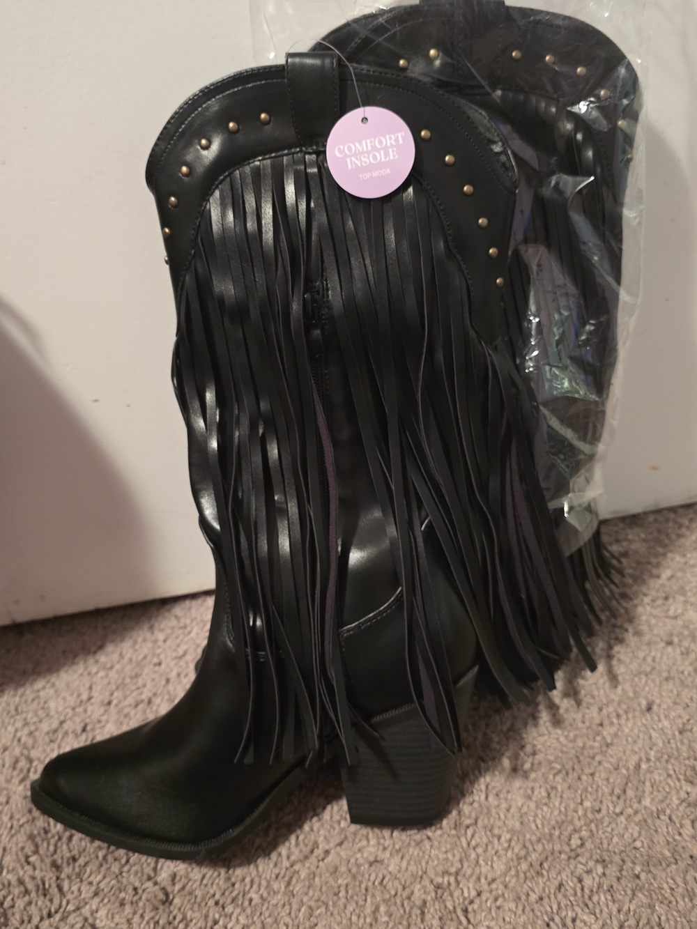 Size 8 Black Fringe Western Boots with Stud Detail